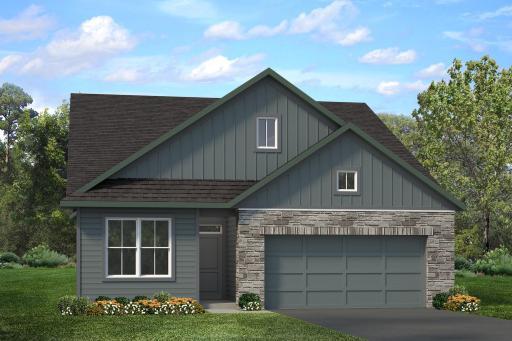 This charming one-level home boasts stunning curb appeal, showcasing a perfect blend of LP SmartSide siding and beautiful stone accents.