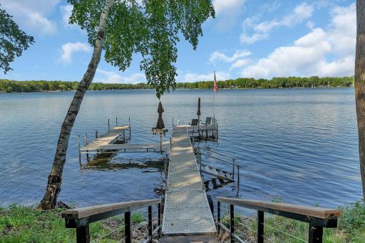 Spacious dock featuring ample seating, shaded by stylish umbrellas, offering a perfect spot to relax and enjoy the water.