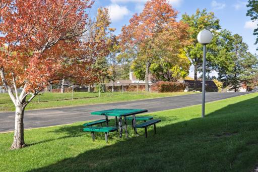 Enjoy the backyard with views of the fall colors and pickleball courts.