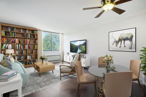 Virtual staged living room, window treatments and tv.