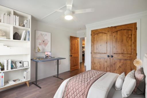 Virtual staged bedroom. Custom California closet.
