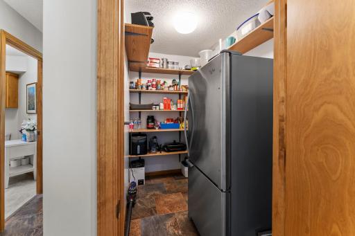 Massive pantry adjacent to kitchen features ample shelving and fits a full-sized fridge.
