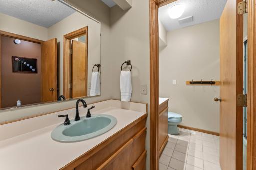 Full bath in the lower level is nicely divided to allow for separate use.