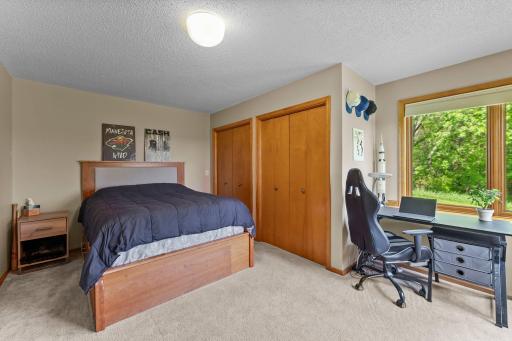 Bedroom 2 on the lower level offers dual closets and corner windows plus overhead lighting.