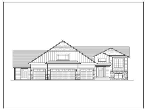 Front elevation: Main 5BR 3BA 3 Car split entry is on the right. 2BR 1BA 1Car one level home on the left.