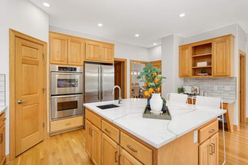 The sleek kitchen island is the perfect place to prepare meals
