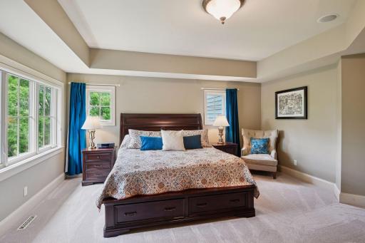 Large primary bedroom overlooking backyard