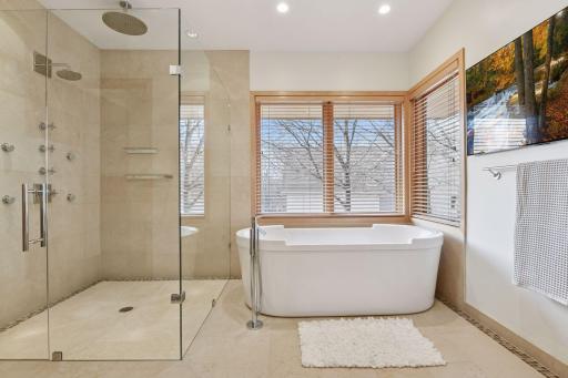 Enjoy the separate walk-in shower and free-standing bathtub
