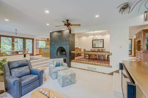 The slate fireplace makes a bold statement on the main floor.