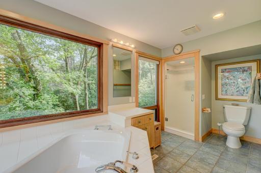 Spectacular owner suite bathroom with a walkin shower and soaking tub overlooking the treetops.