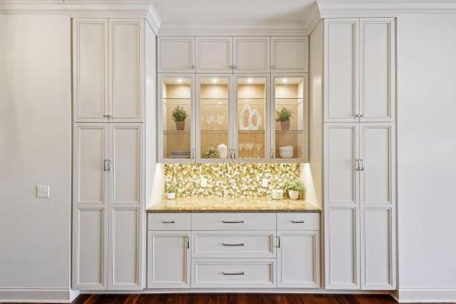 Additional storage and serving space. Beautiful cabinet and under cabinet lighting.