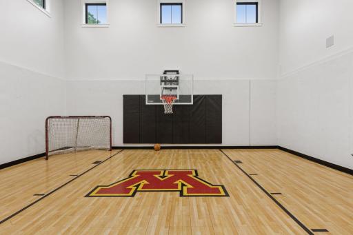 Impressive indoor sport court with full-height walls, basketball hoop, hockey goal, and custom floor designâideal for active living and all-season play.