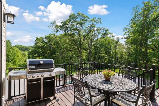 Elevated grilling deck with wrought iron table and Weber grill, offering panoramic views of the private backyard and serene wooded setting.
