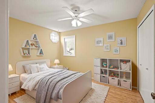 2nd bedroom upstairs. Around the corner in the hallway is a laundry chute! Virtually staged.