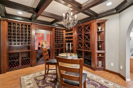 Wine Room with Custom Shelving and Tray Ceiling