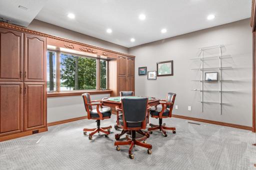 This lower-level bedroom is being used as a poker room overlooking the water. It was an office before and has tons of storage in the closet.