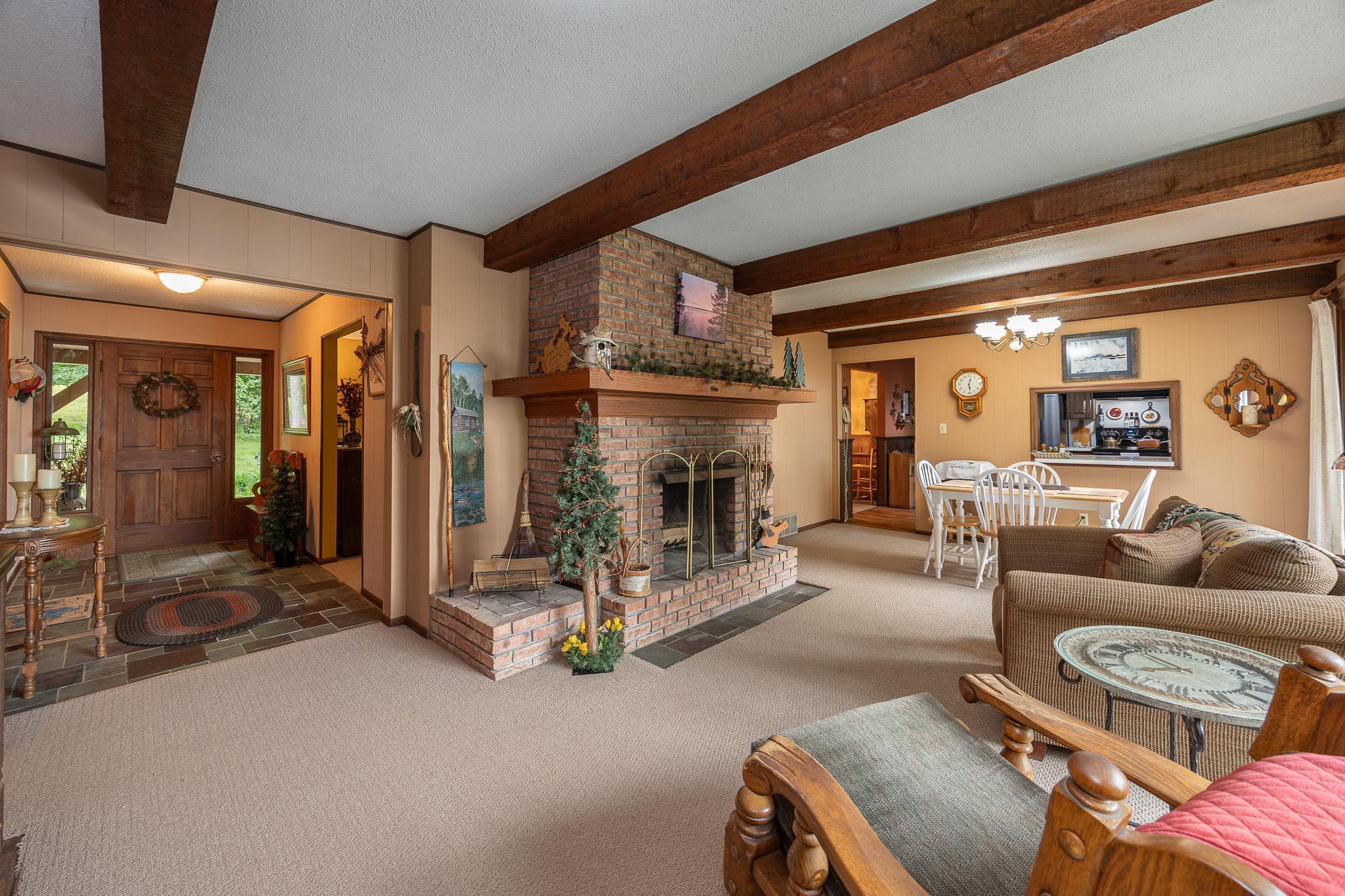 Brick fireplace in the living room.
