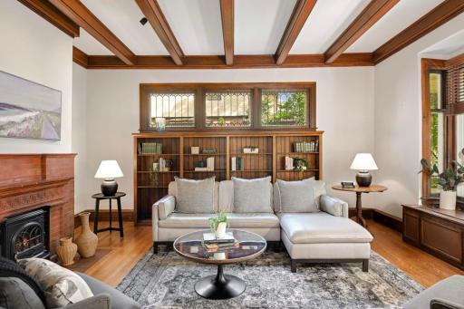 Beamed ceilings, leaded windows, built-in book shelves.