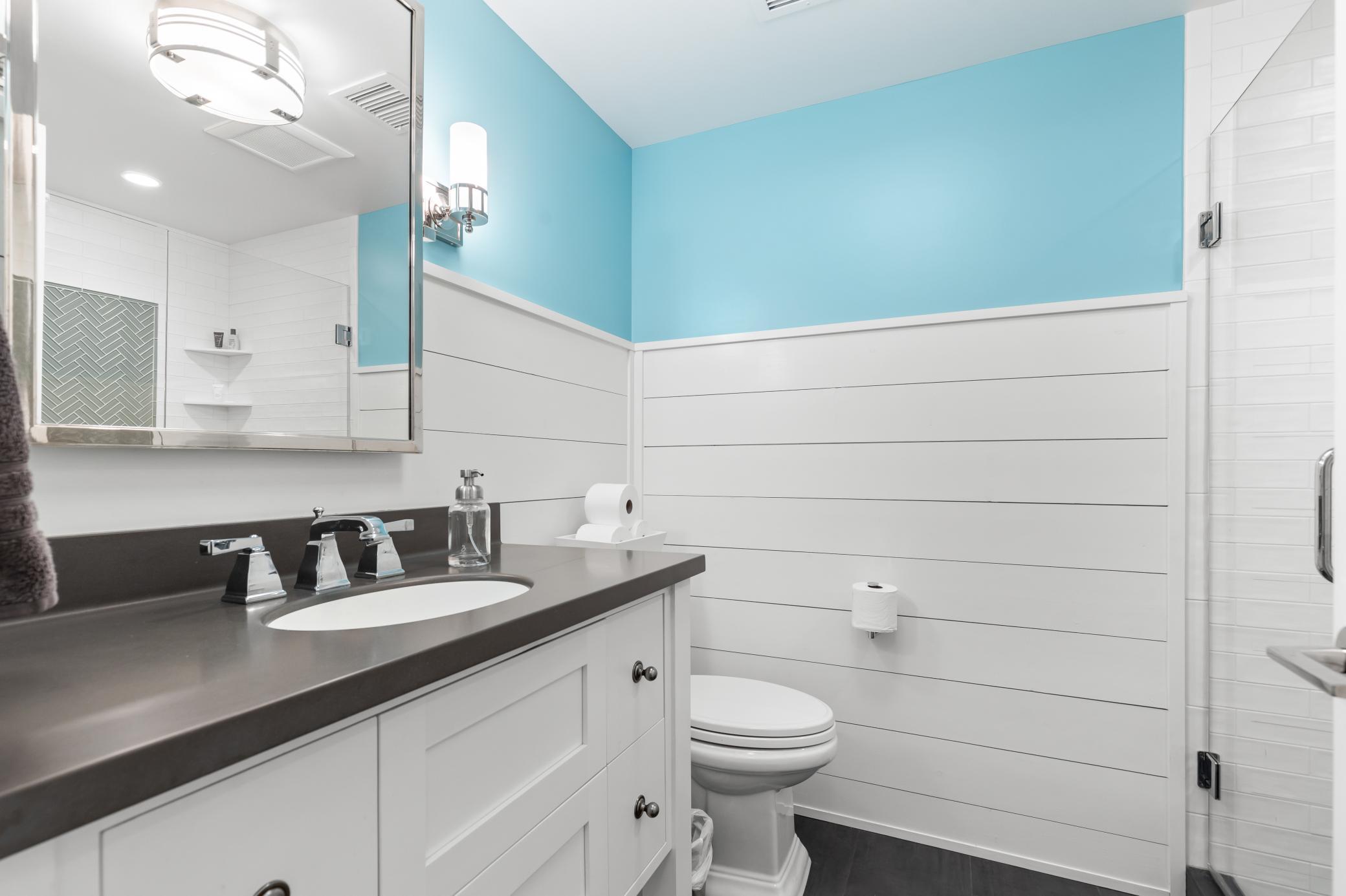 Lower level bathroom with shower.