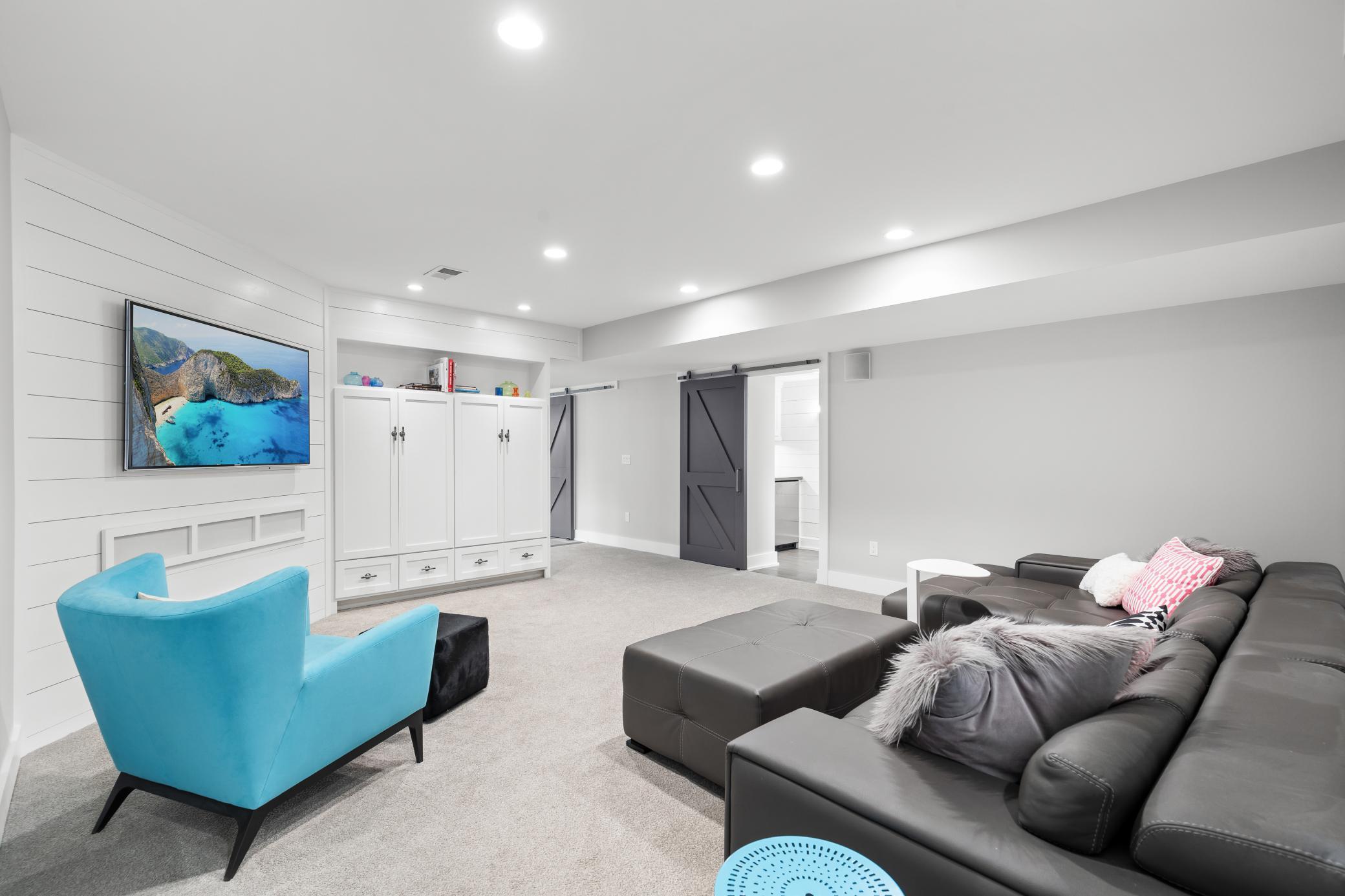 Lower level entertainment/media area.