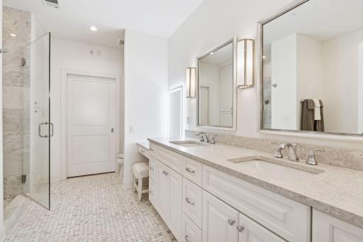 Spa-like primary bath is elegantly appointed