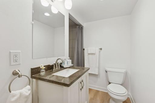 Lower level 3/4 bath with newer LVP flooring, step-in tile surround shower, and vanity with storage.