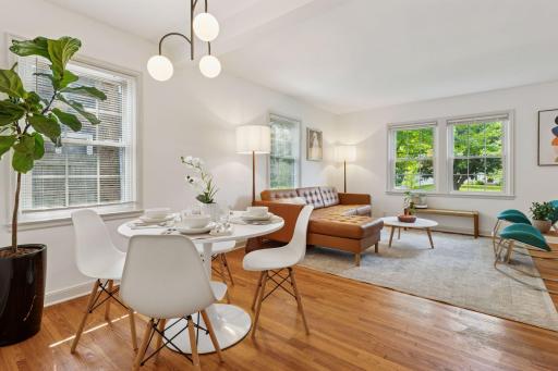 Open concept layout between living and dining.