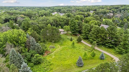 Aerial view of the long private driveway winding through natural wildflowers—your peaceful retreat begins here.