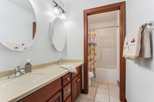 Lower level full bath w/pocket door to toilet/shower area