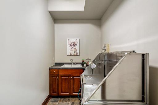 The lower-level, laundry room is currently in a pet washing station configuration. The washer and dryer for this room are located in the storage room. This room could be easily reconfigured back into a laundry room if desired.