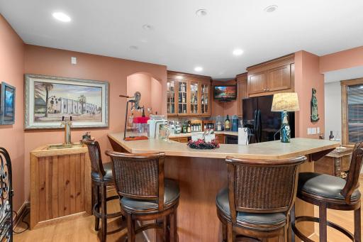 Lower-level recreation room wet bar. Cherry cabinets, sink, garbage disposal, dishwasher, full-sized refrigerator, separate wine refrigerator, microwave, TV included in listing