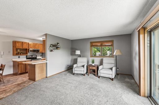 The generously sized living room offers newer carpet that includes an extra thick pad to provide comfort underfoot. To the right you will see the sliding glass door which fills the space with natural light.