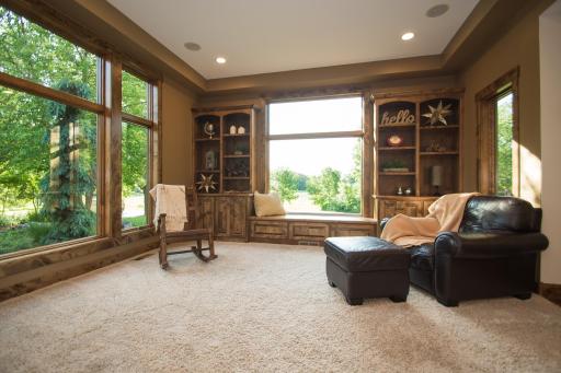 Living room built-ins, clear alder cabinetry throughout home
