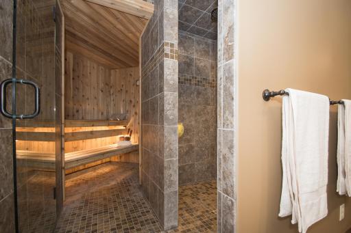 Beautiful cedar sauna with walk-in shower