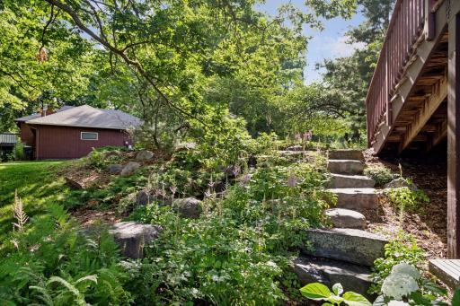 Stone steps from patio to lower lawn.