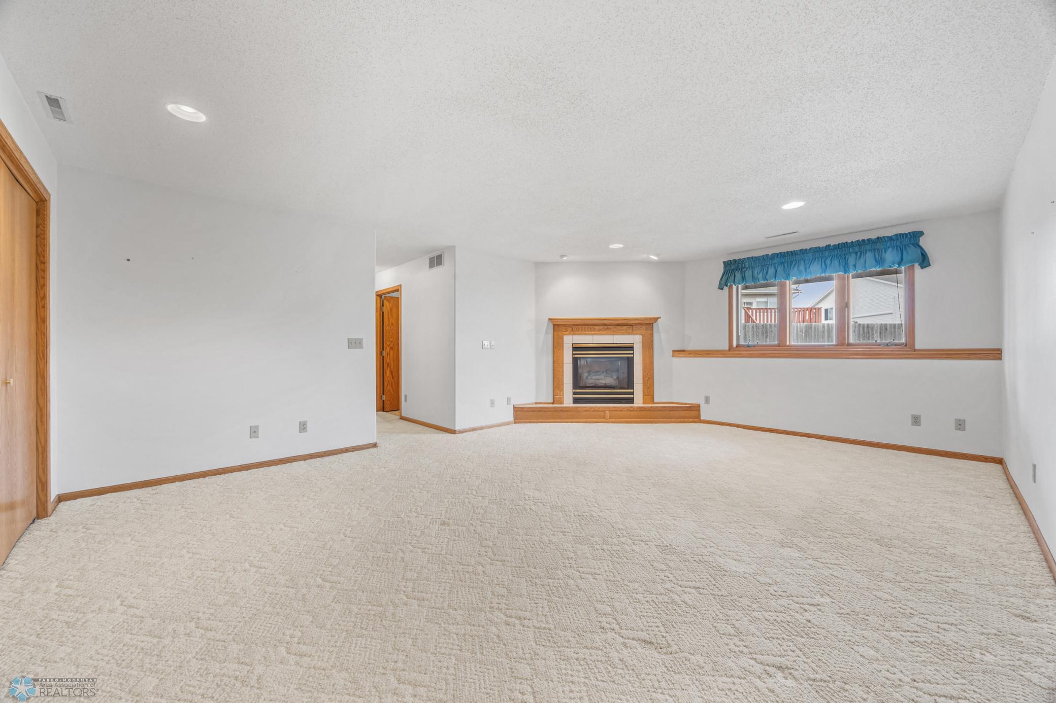 Light and bright! Lower level Family Room with gas fireplace, large windows and TONS of storage.