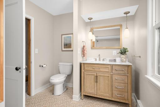 Upper level full bathroom with new vanity and lighting!