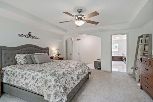 âAn alternative view of the ownerâs bedroom showcases the striking box vault ceiling, adding architectural interest and a sense of grandeur to this serene retreat.