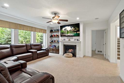 The lower level living room is equipped for premium entertainment, featuring a CORE1 Entertainment & Automation Controller with a Control4 Halo remote, Roku Ultra, WattBox IP power conditioner with OvrC Home, and Pro Series in-wall speakers.