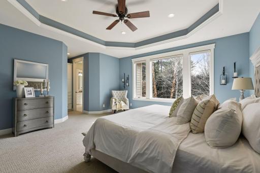 Extras in the primary suite include an octagonal, dome-vaulted ceiling with uplighting concealed in the crown moldings, along with custom Roman shades on the windows.