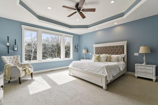 The grand main-level primary suite boasts intriguing ceiling details and a large picture window that captures the natural light and the scenic views.