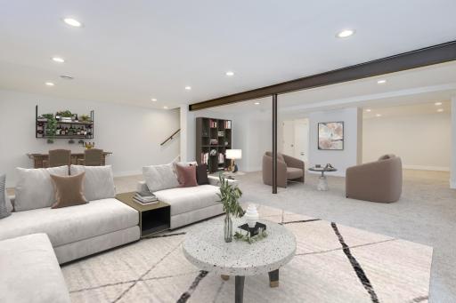 Lower Level Family room and activity room. notice the steel beams - industrial / urban feel continues. Virtually staged.