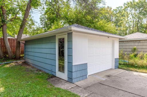 Detached one-car garage with side entryâideal for extra storage, parking, or workshop potential.