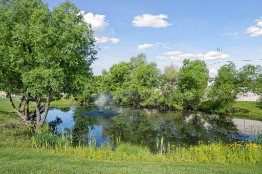 A serene water feature and lush, tree-lined pond provide a private and tranquil backyard backdrop.
