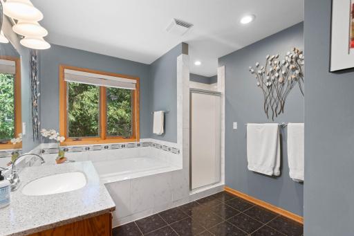 Primary bath with walk-in shower and soaking tub.