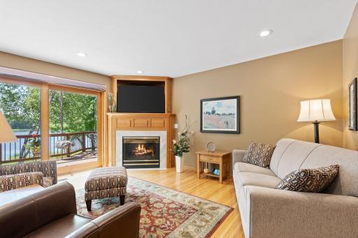 Natural light and scenic views pour in through the wall of windows.