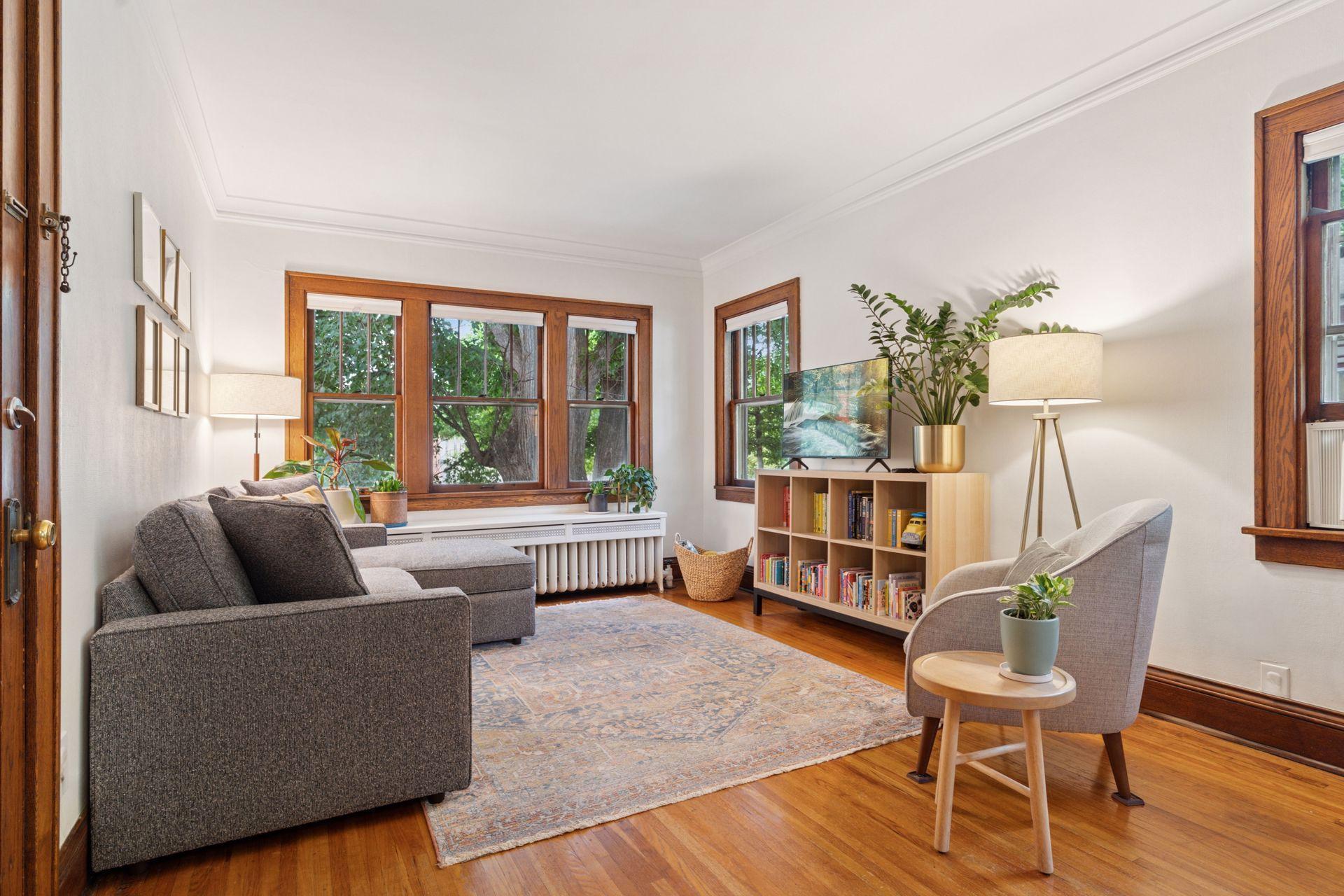 Living room can accommodate additional furniture and flexibility with furniture placement. Windows face West and North