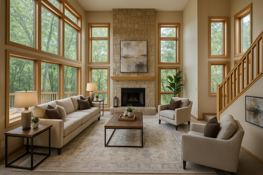 The best feature at 1148 Schooner Way is this virtually staged main floor 2 story great room with multiple walls of windows.