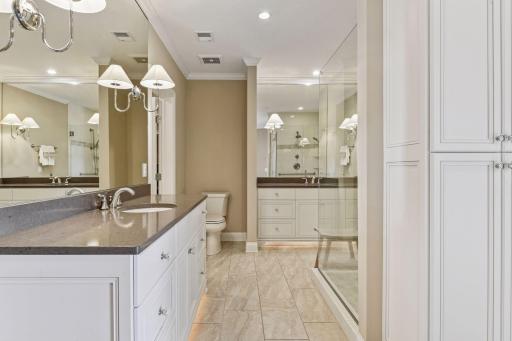 The ensuite has dual vanities and separate shower.