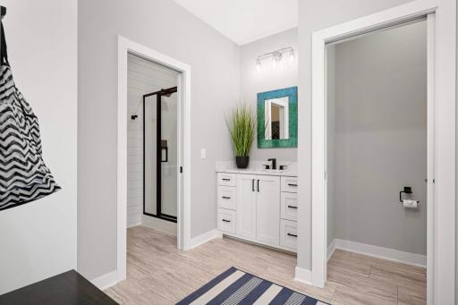 The 2nd 3/4 bathroom on the lower level has it's own door to the back yard making it ideal for using on pool days. Complete with a water closet, vanity, shower, cubbies for towels & bags, linen closet AND a dog washing station!